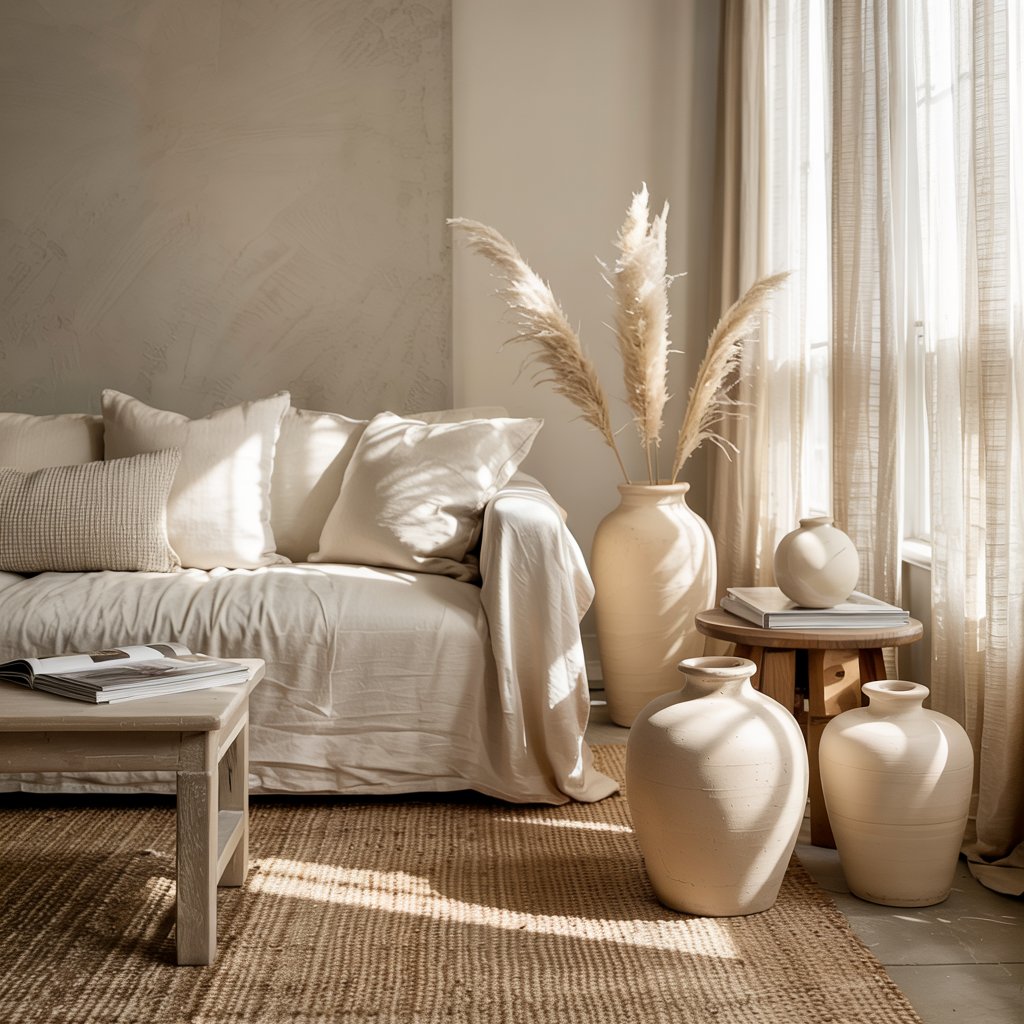 A serene, minimalist living room interior with a neutral color palette. A large beige linen daybed with white and gray checkered throw pillows and a white duvet is positioned against a textured beige wall. A large beige ceramic vase with pampas grass stands prominently on a wooden side table near a window with sheer white curtains. Three large cream-colored ceramic vases of varying sizes are arranged on the floor, with the largest vase positioned in the center. A light wooden coffee table sits in front of the daybed, with a magazine placed on top. The room has natural sunlight streaming in through the window, creating soft shadows and a warm, diffused lighting effect. The floor features a natural jute rug with a textured weave pattern. The overall composition has a modern, bohemian aesthetic with clean lines and organic elements.